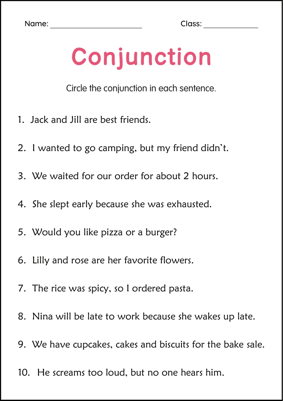Conjunction identification practice: 10 sentences about Jack and Jill, camping, flowers, and other topics