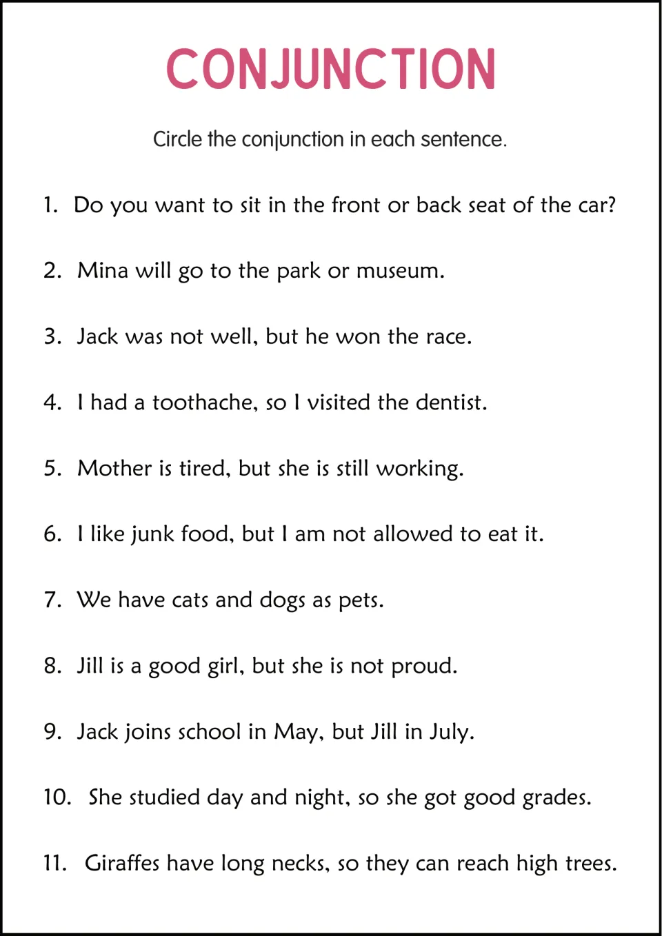 Conjunction identification practice: 11 sentences about car seats, a toothache, pets, grades, and giraffes