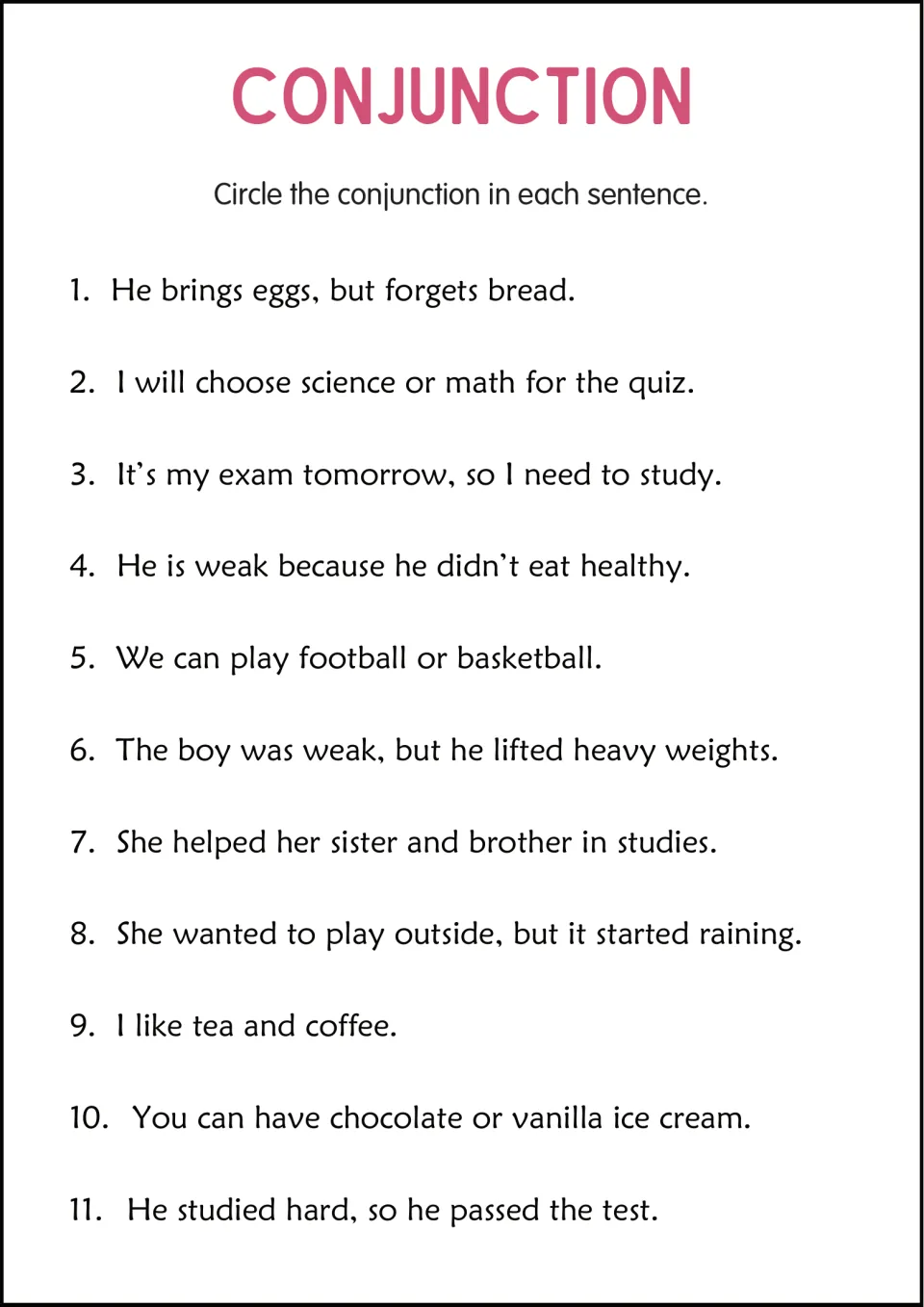 Conjunction identification practice: 11 sentences about eggs, science or math, sports, and ice cream