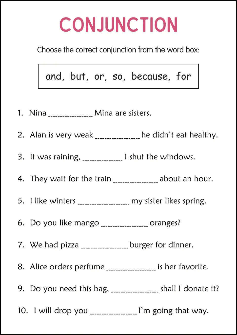 Conjunction completion practice: 10 sentences about Nina and Mina, rain, a train, seasons, and perfume