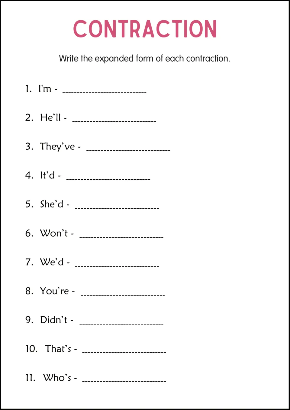 Expanding contractions: students write the two words for 11 contractions, from I'm and he'll to won't, didn't and who's