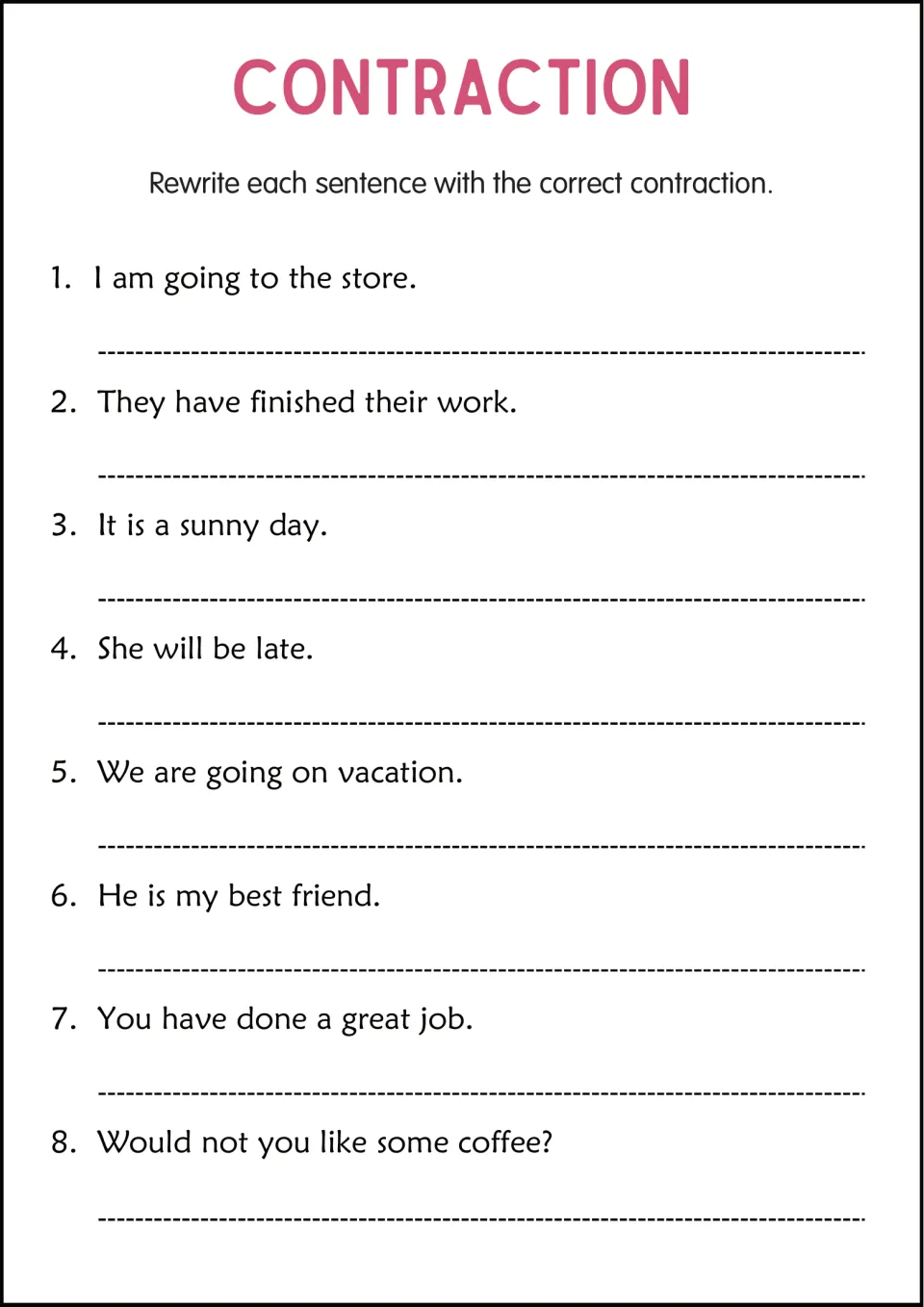 Contractions in sentences: students rewrite 8 sentences such as 'She will be late' to use a contraction