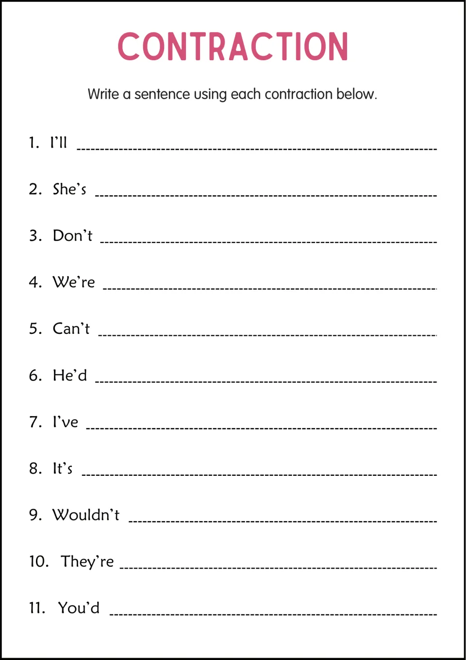 Using contractions in writing: students compose an original sentence for each of 11 contractions, from I'll to wouldn't