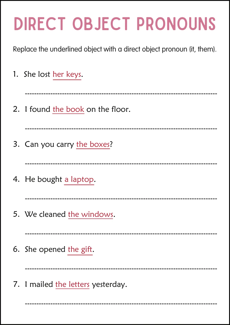 Replacing things with it or them: students swap 7 underlined objects such as her keys and the book for a pronoun