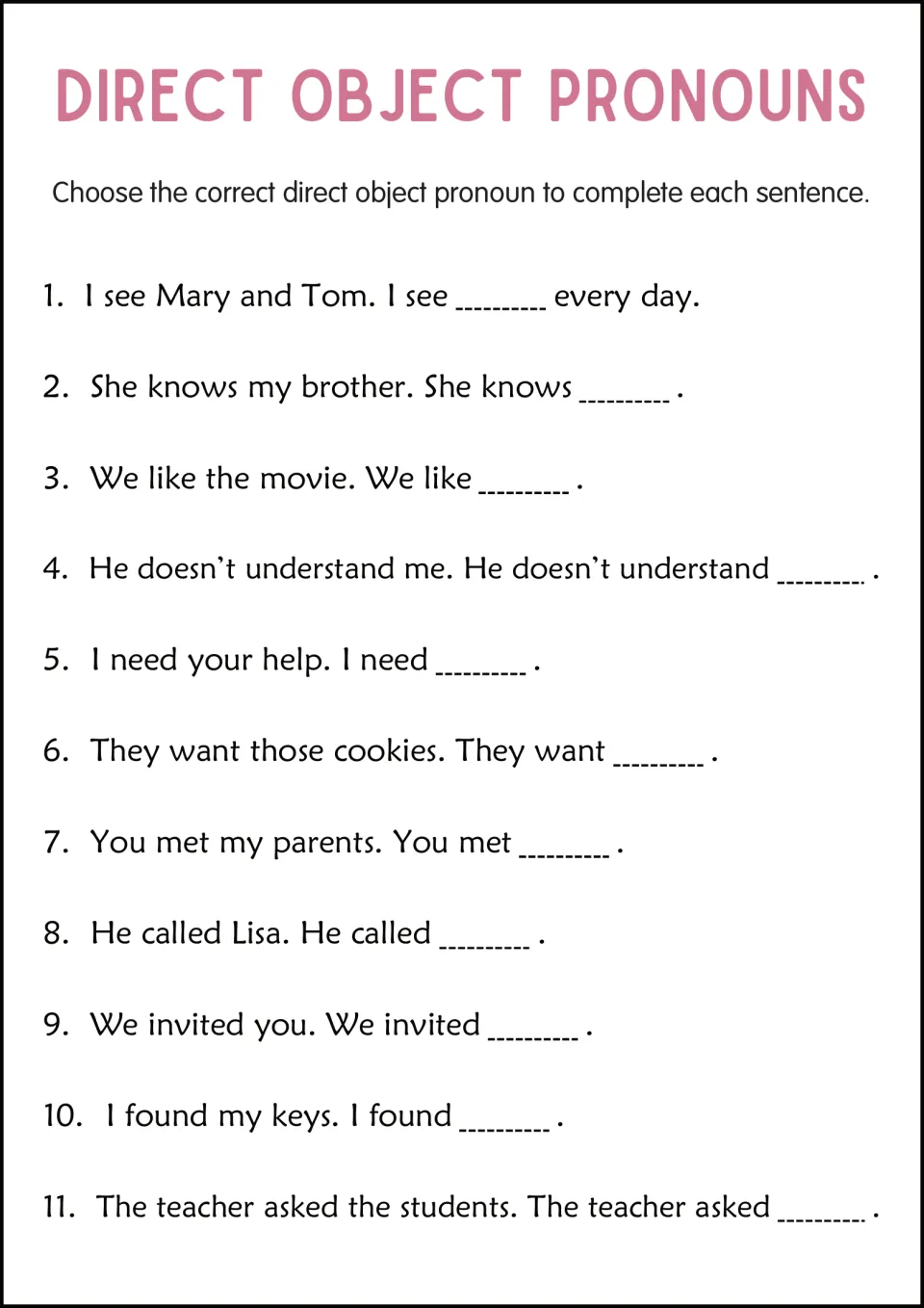 Choosing object pronouns: students complete 11 paired sentences, like She knows my brother, with the right pronoun