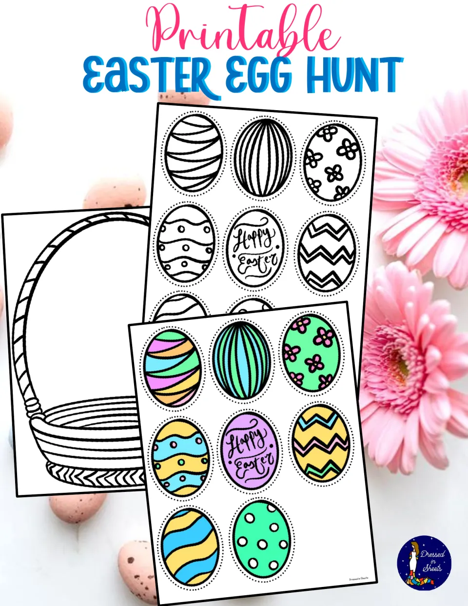 Printable Easter Egg Hunt cover showing a blank basket outline and eight patterned eggs to cut out, in plain and color