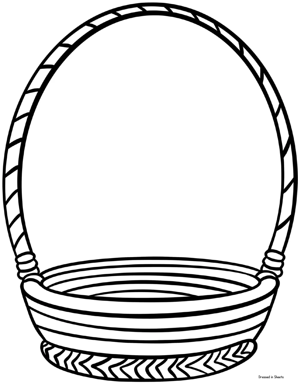 Easter basket outline with a striped handle and woven base, left blank for students to color and fill with their eggs