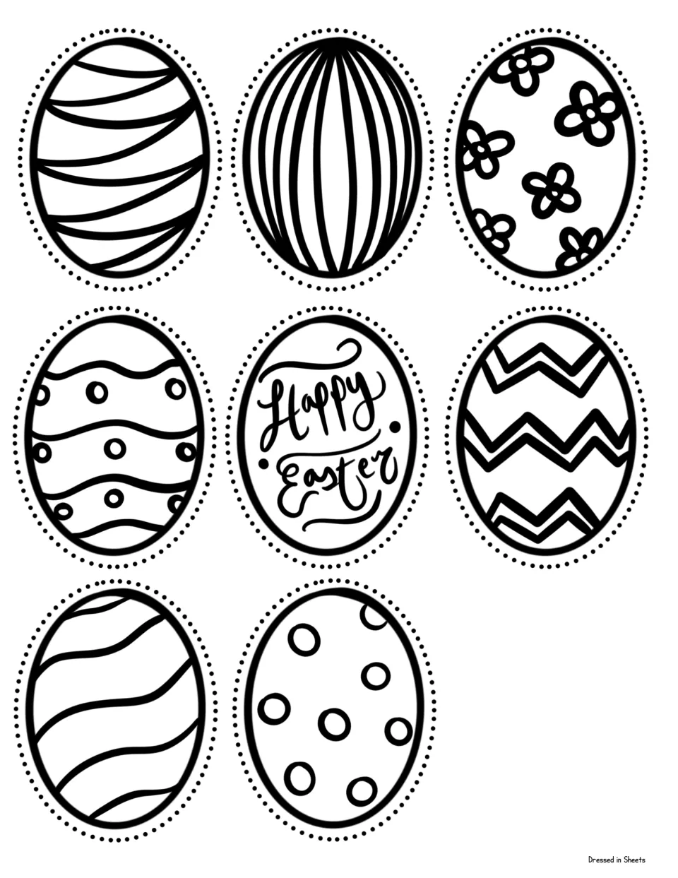 Black-line Easter eggs to color and cut out: eight eggs with stripes, flowers, zigzags, dots and a Happy Easter egg