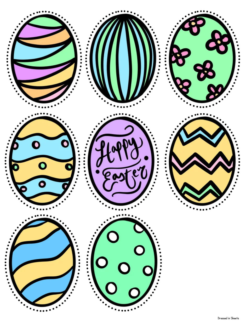 Pre-colored Easter eggs in pastel pink, blue, green, yellow and purple: the same eight designs, ready to cut out and hide