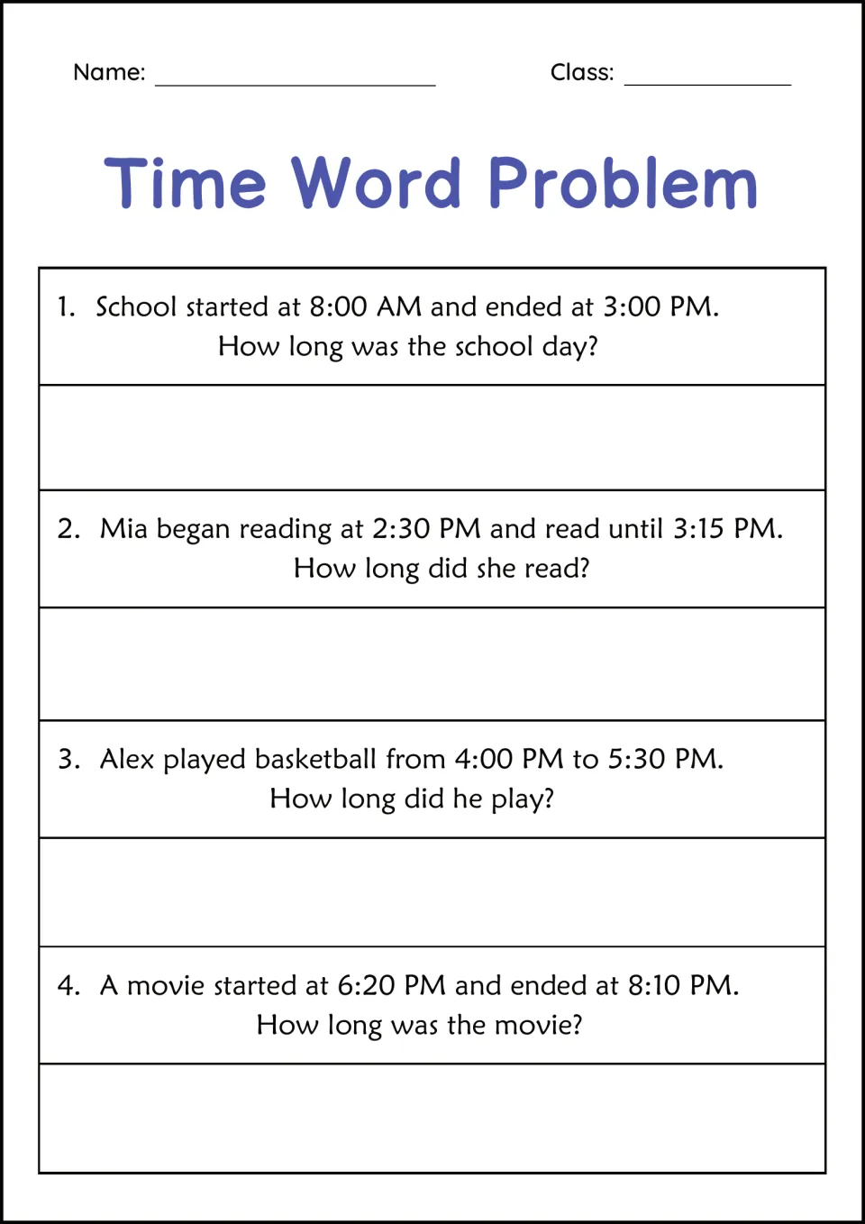 Time Word Problem: students find elapsed time for 4 stories, from a school day 8:00 AM to 3:00 PM to a 6:20 PM movie