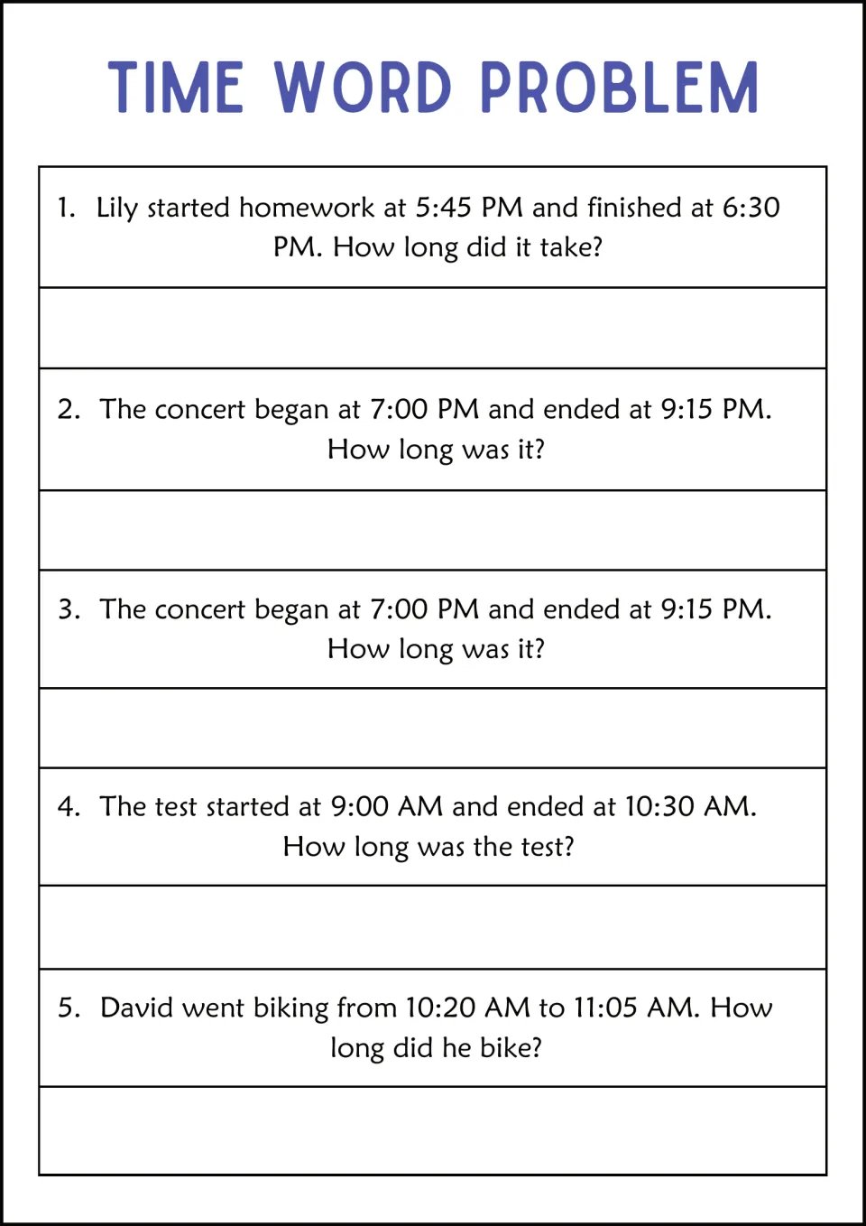 Elapsed time practice: students work out how long homework, a concert, a test and David's bike ride from 10:20 AM lasted