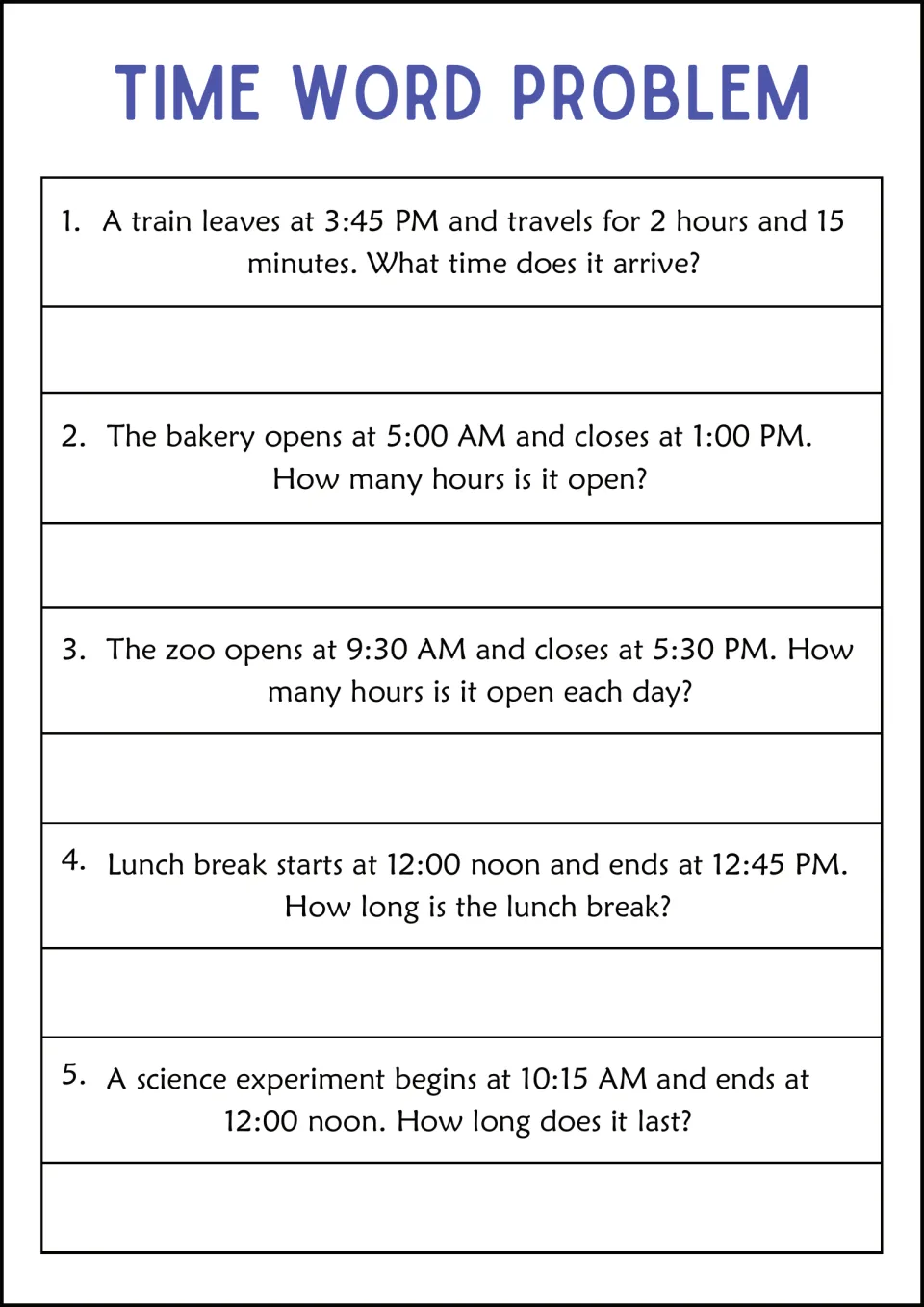 Elapsed time questions on a train trip, bakery and zoo opening hours, a lunch break and a science experiment ending at noon