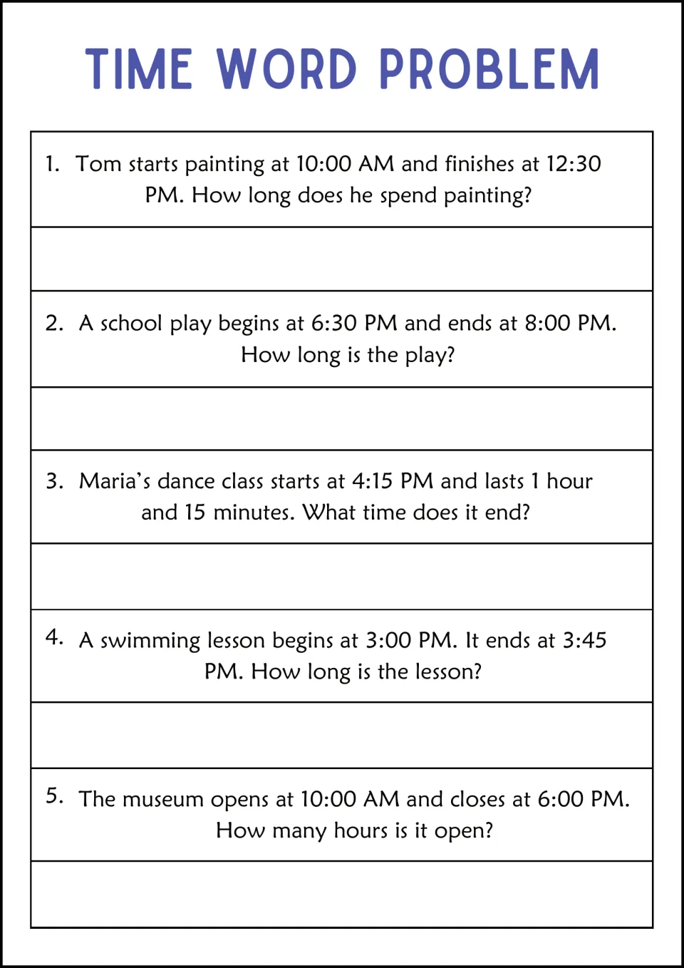 Elapsed time set: students find how long painting, a play and a swim lesson take, when dance class ends and museum hours