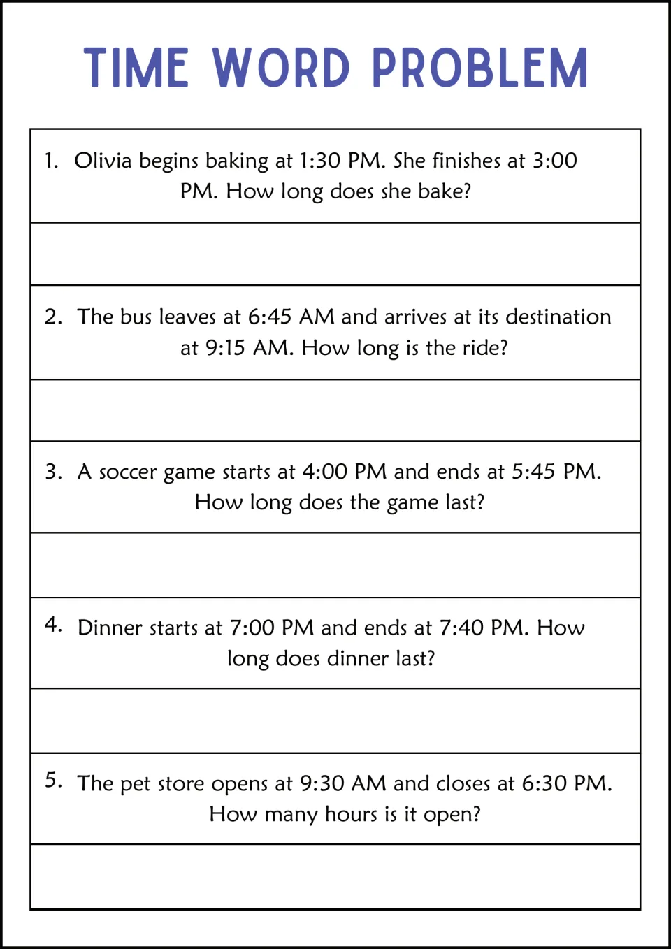 How-long questions: students compute elapsed time for baking, a bus ride, a soccer game, dinner and pet store hours