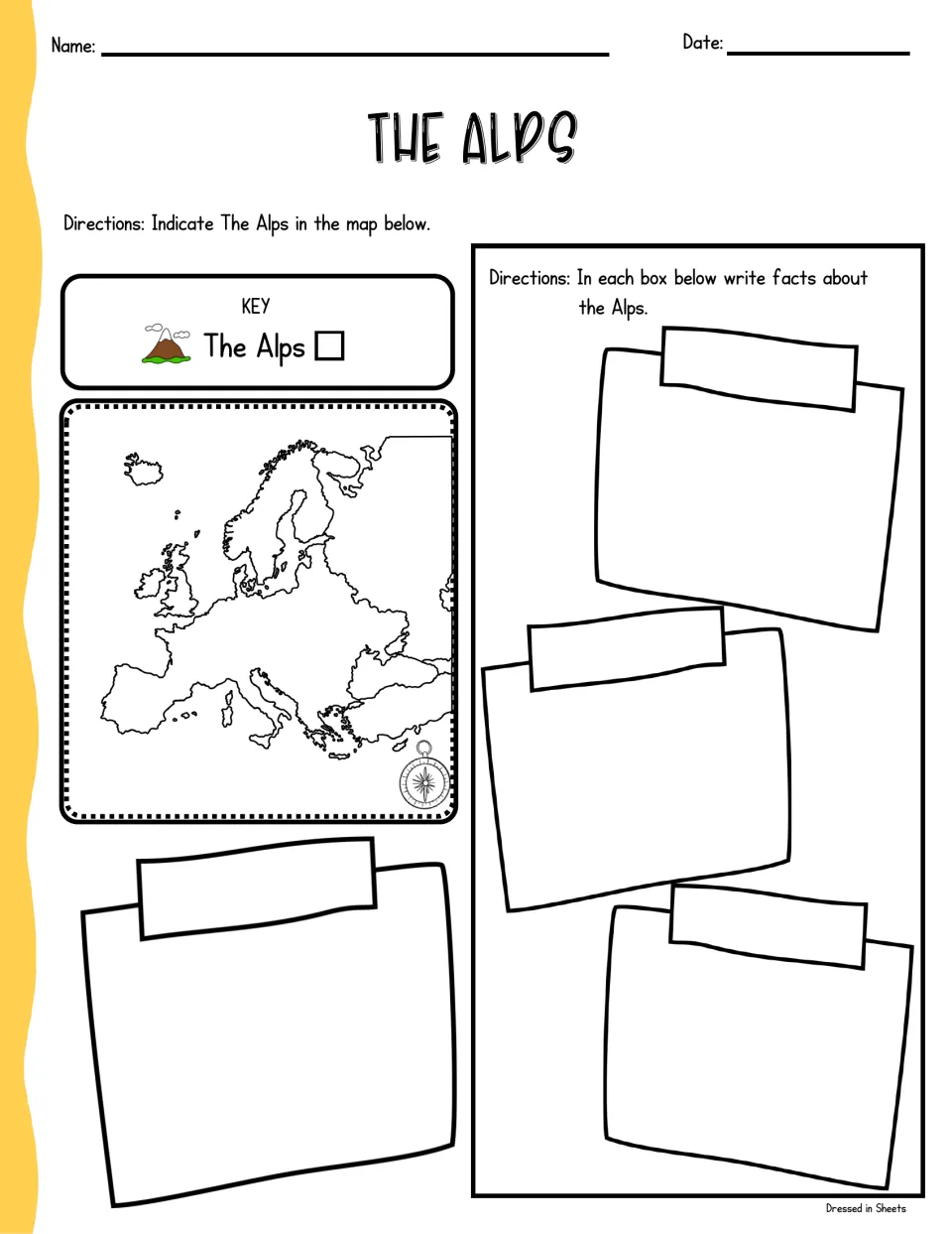 The Alps: students mark the Alps on a Europe outline map using a key, then write facts about the mountain range in 4 notes