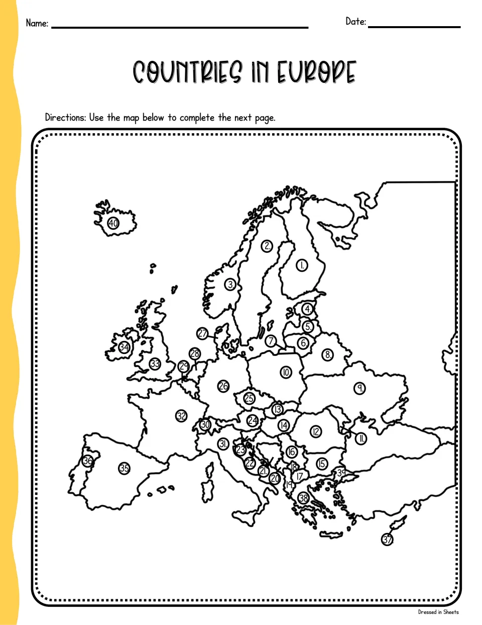 Countries in Europe: outline map with 40 countries numbered for students to identify on the matching page that follows