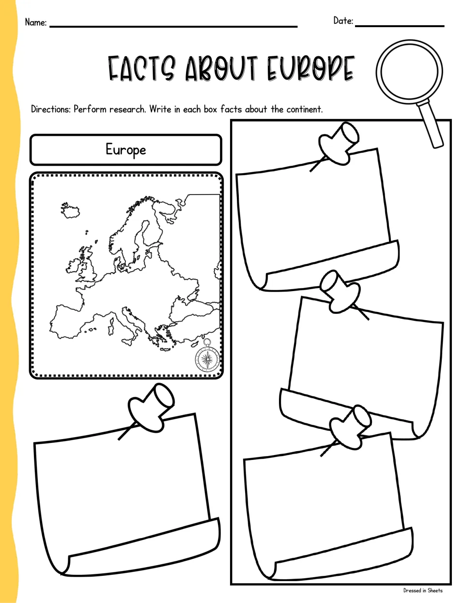 Facts about Europe: students research the continent and write a fact in each of 4 pinned notes beside a Europe outline map