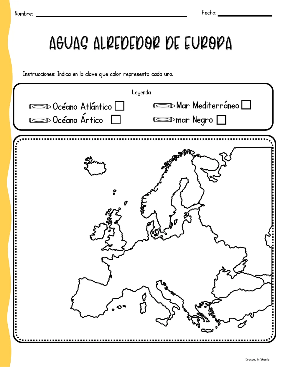 Aguas alrededor de Europa: Spanish map where students color-code the Atlantic, Arctic, Mediterranean and Black Sea in a key