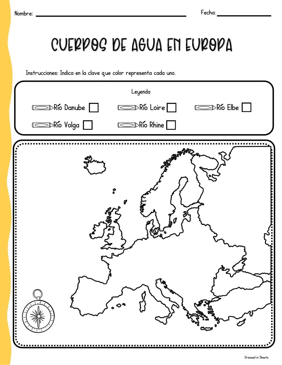Cuerpos de agua en Europa: Spanish map where students pick colors for the Danube, Loire, Elbe, Volga and Rhine rivers