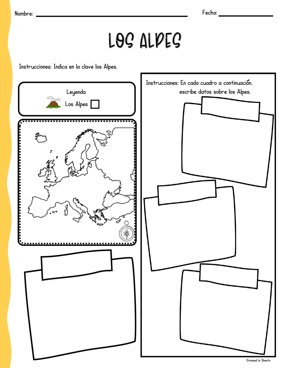 Los Alpes: Spanish sheet where students mark the Alps on a Europe map with a key and write facts about the range in 4 notes