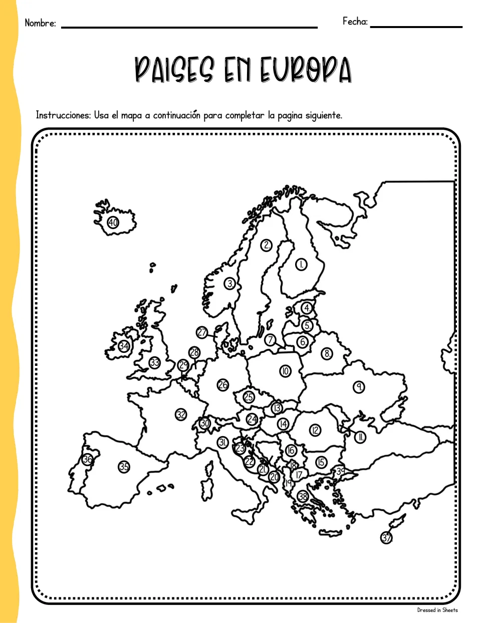 Países en Europa: Spanish outline map of Europe with 40 numbered countries that students use to fill in the following page