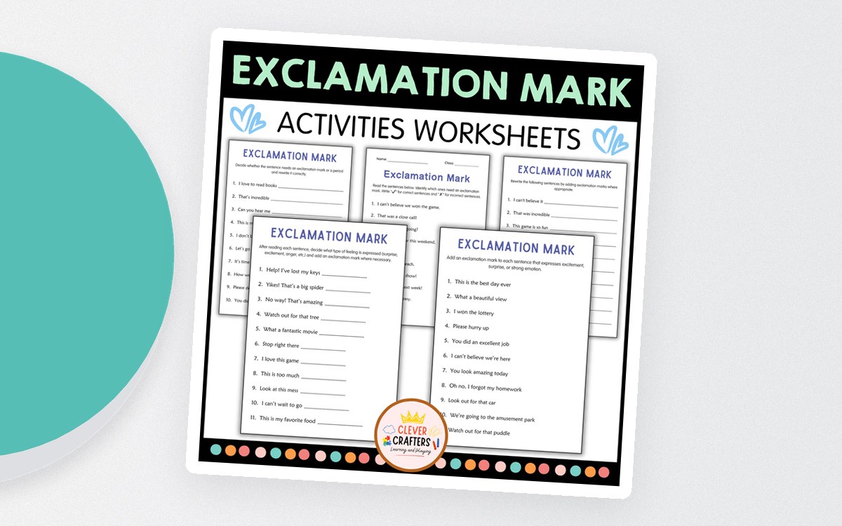 Exclamation Mark grammar cover showing four worksheets for identifying, adding and writing exclamatory sentences