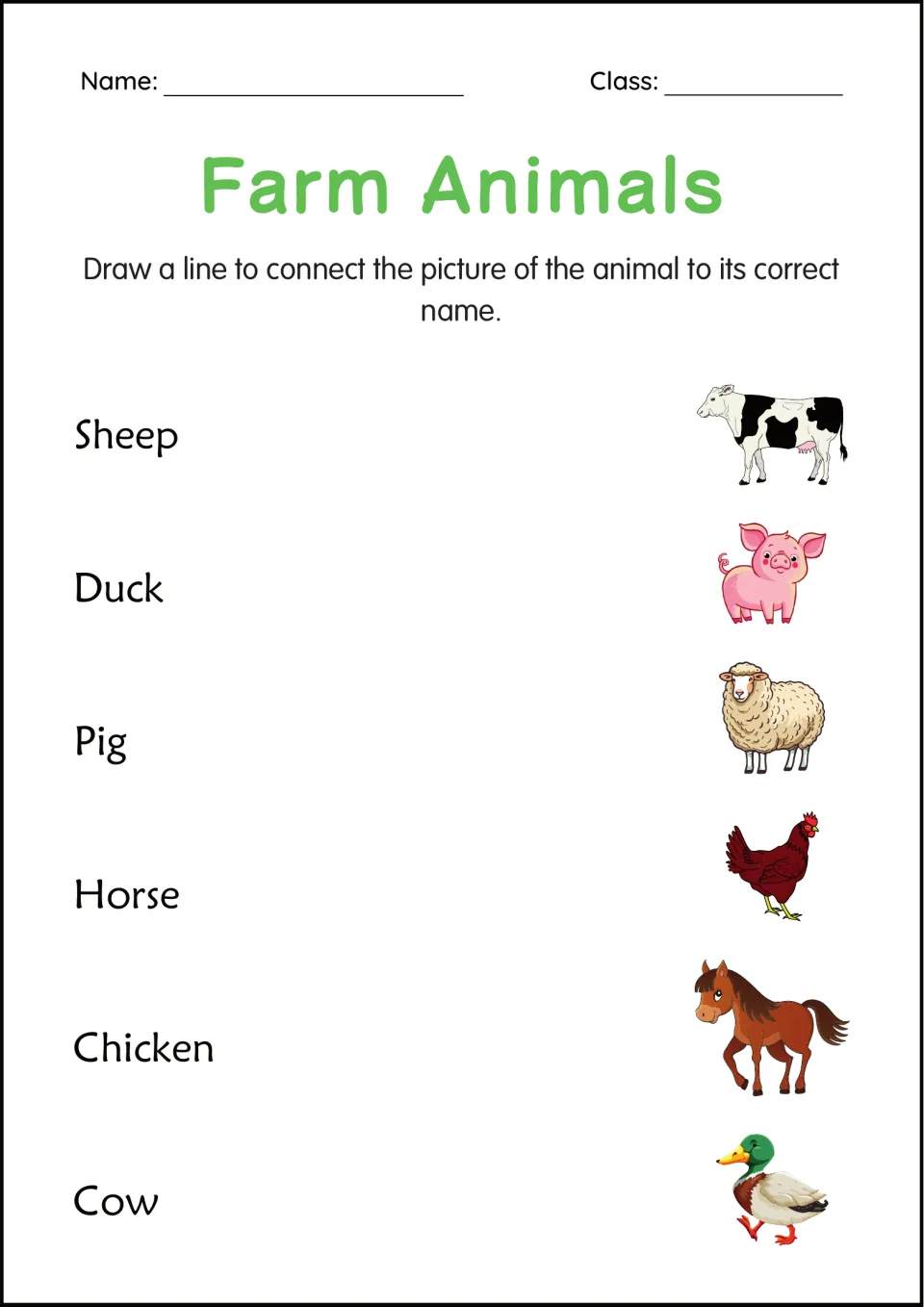 Farm animal names: students draw lines to match pictures of a cow, pig, sheep, hen, horse and duck to their names