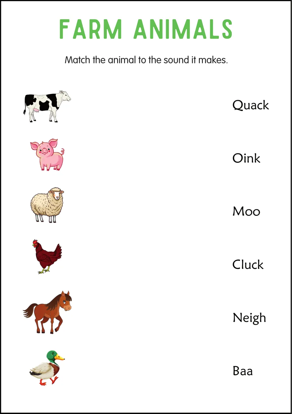 Farm animal sounds: students match a cow, pig, sheep, hen, horse and duck to Moo, Oink, Baa, Cluck, Neigh and Quack