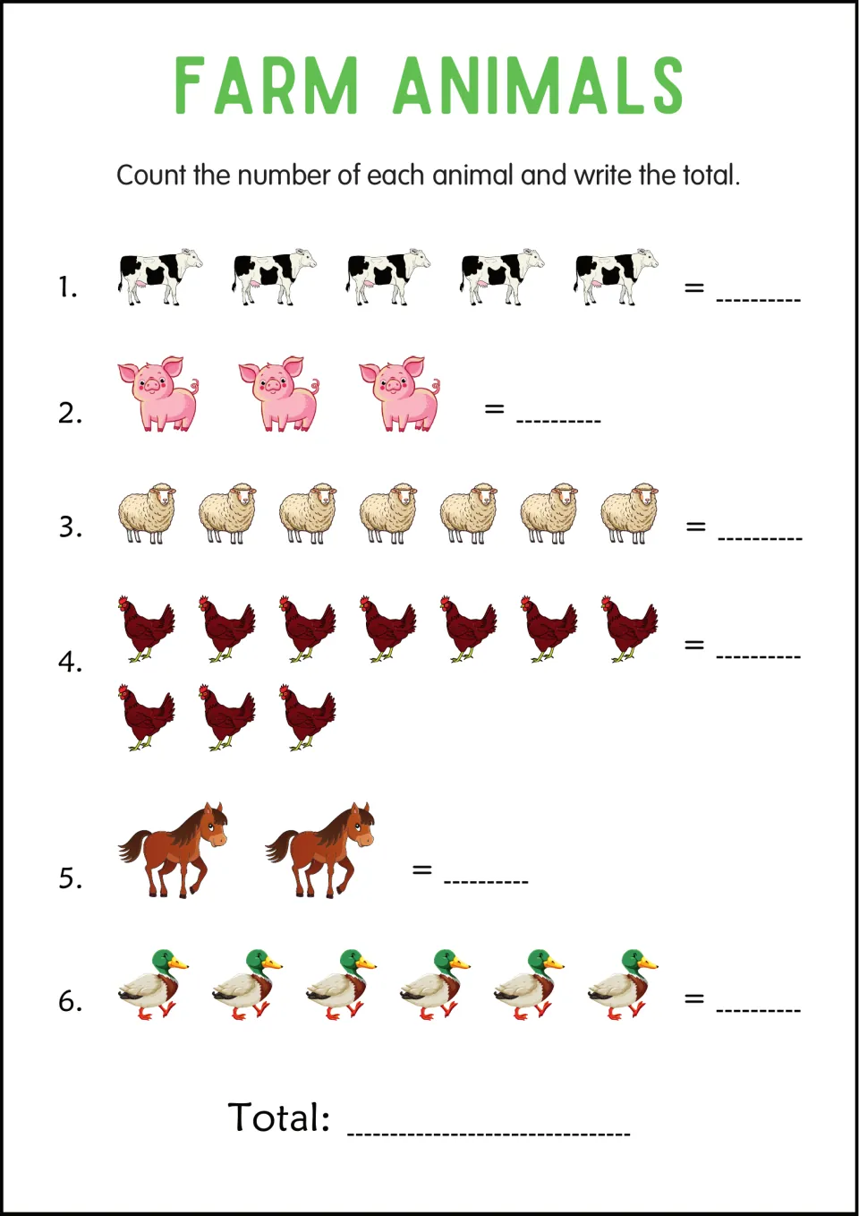 Farm animal counting: students count rows of cows, pigs, sheep, hens, horses and ducks, write each number and a total