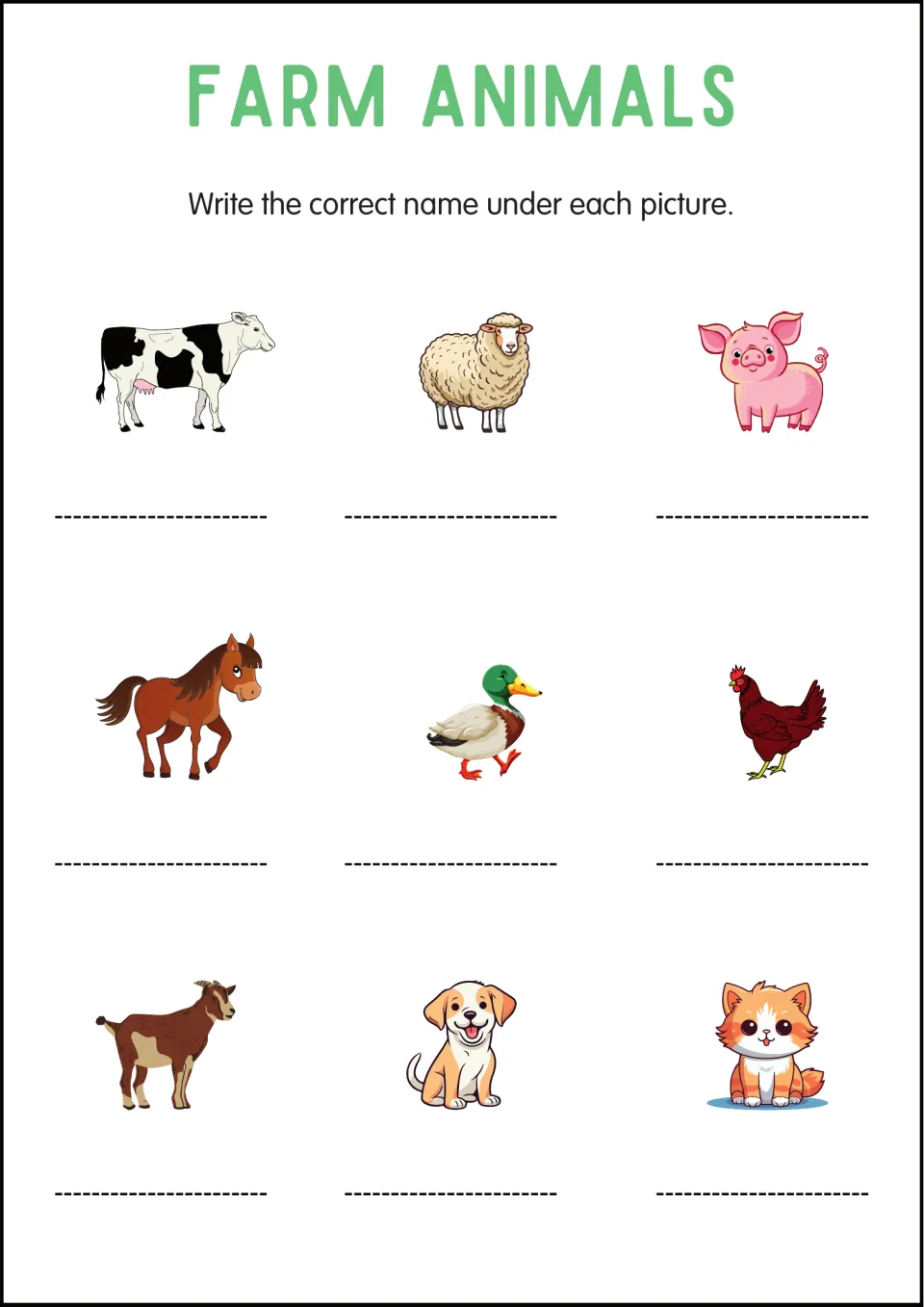 Picture labeling: students write the name under nine animals: cow, sheep, pig, horse, duck, hen, goat, puppy and kitten