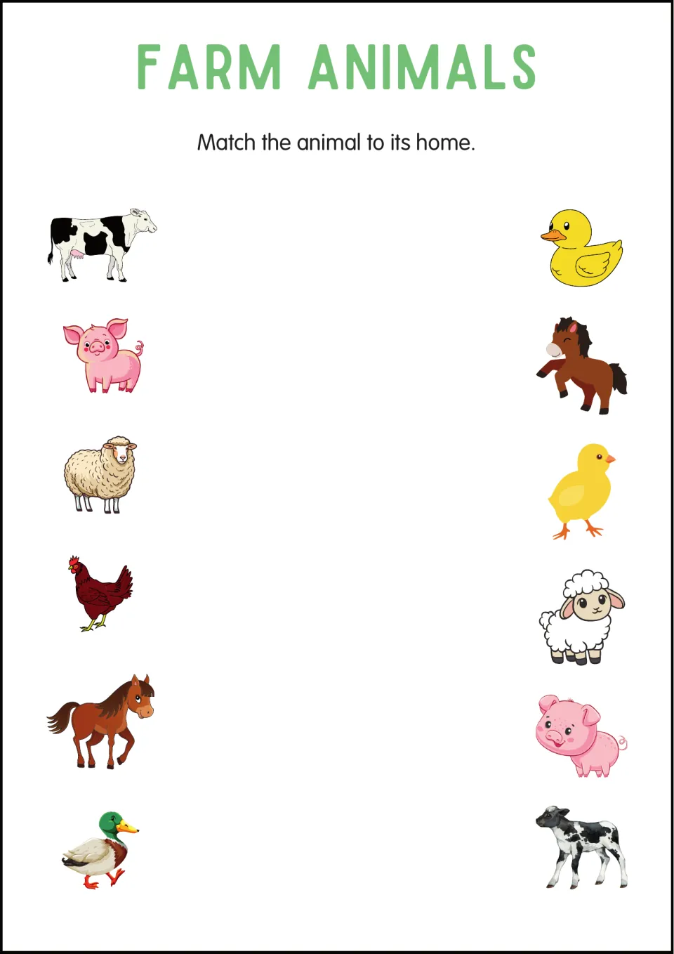 Animal homes matching: the right column shows babies (duckling, foal, chick, lamb, piglet, calf) rather than homes