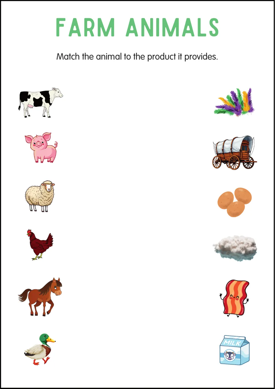 Farm animal products: students match a cow, pig, sheep, hen, horse and duck to milk, bacon, wool, eggs, wagon and feathers