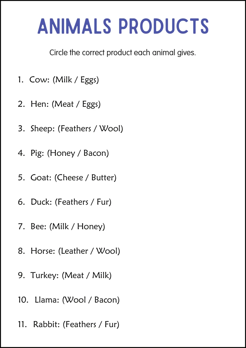 Animal products multiple choice: students circle the product each of 11 animals gives, e.g. Cow (Milk / Eggs)