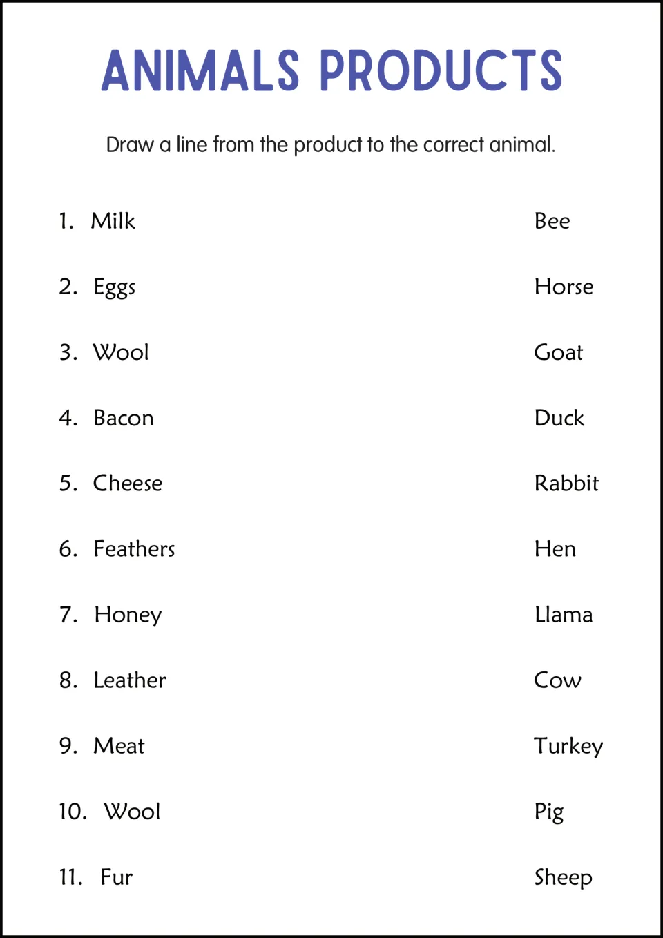 Product-to-animal word match: students draw lines from 11 products like milk, wool and honey to names like bee and cow