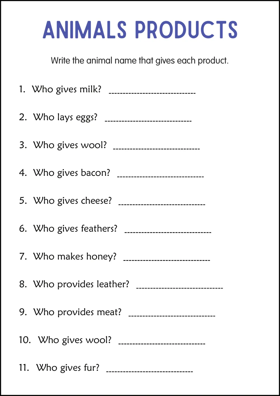 Animal products recall: students name the animal for 11 questions like 'Who gives milk?' and 'Who makes honey?'