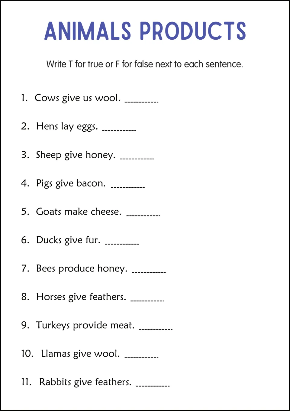 Animal products true or false: students write T or F for 11 statements like 'Ducks give fur' and 'Bees produce honey'