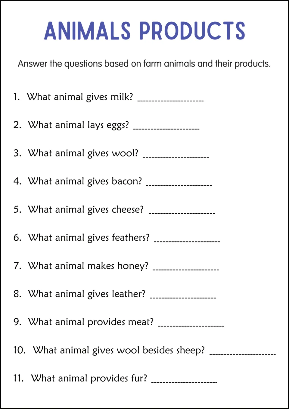 Farm animals short answer: students answer 11 questions like 'What animal gives milk?' and 'What animal makes honey?'