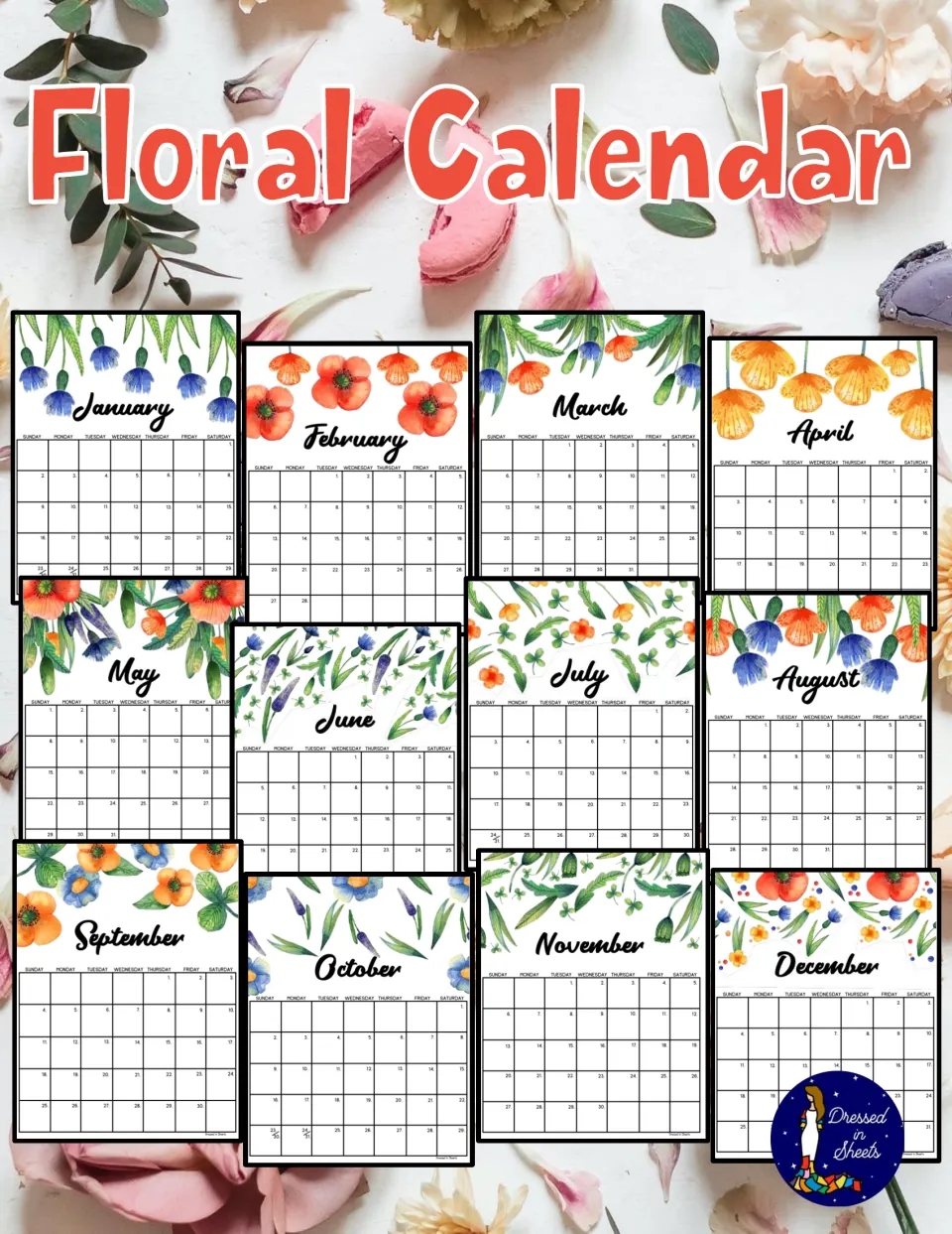 Floral Calendar cover: thumbnails of all 12 monthly pages, January to December, each topped with watercolor flowers