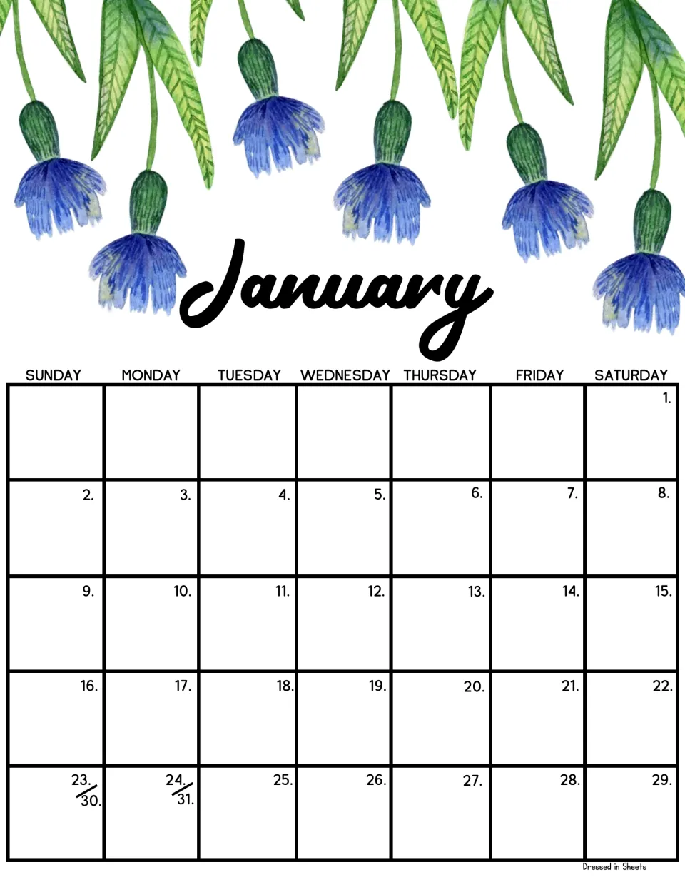 January monthly calendar under hanging blue watercolor flowers; dates start Saturday the 1st, with 23/30 and 24/31 shared