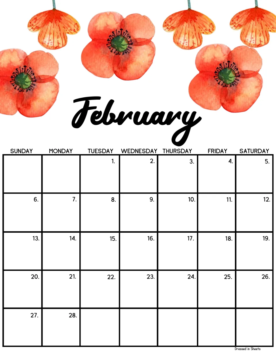 February monthly calendar with large red-orange watercolor poppies; dates run Tuesday the 1st through Monday the 28th