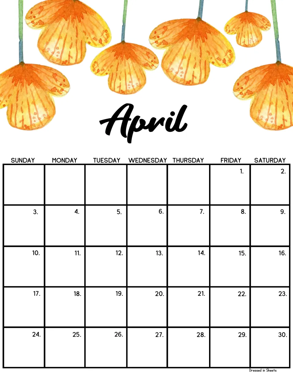 April monthly calendar with dangling yellow-orange watercolor blooms; dates run from Friday the 1st to Saturday the 30th