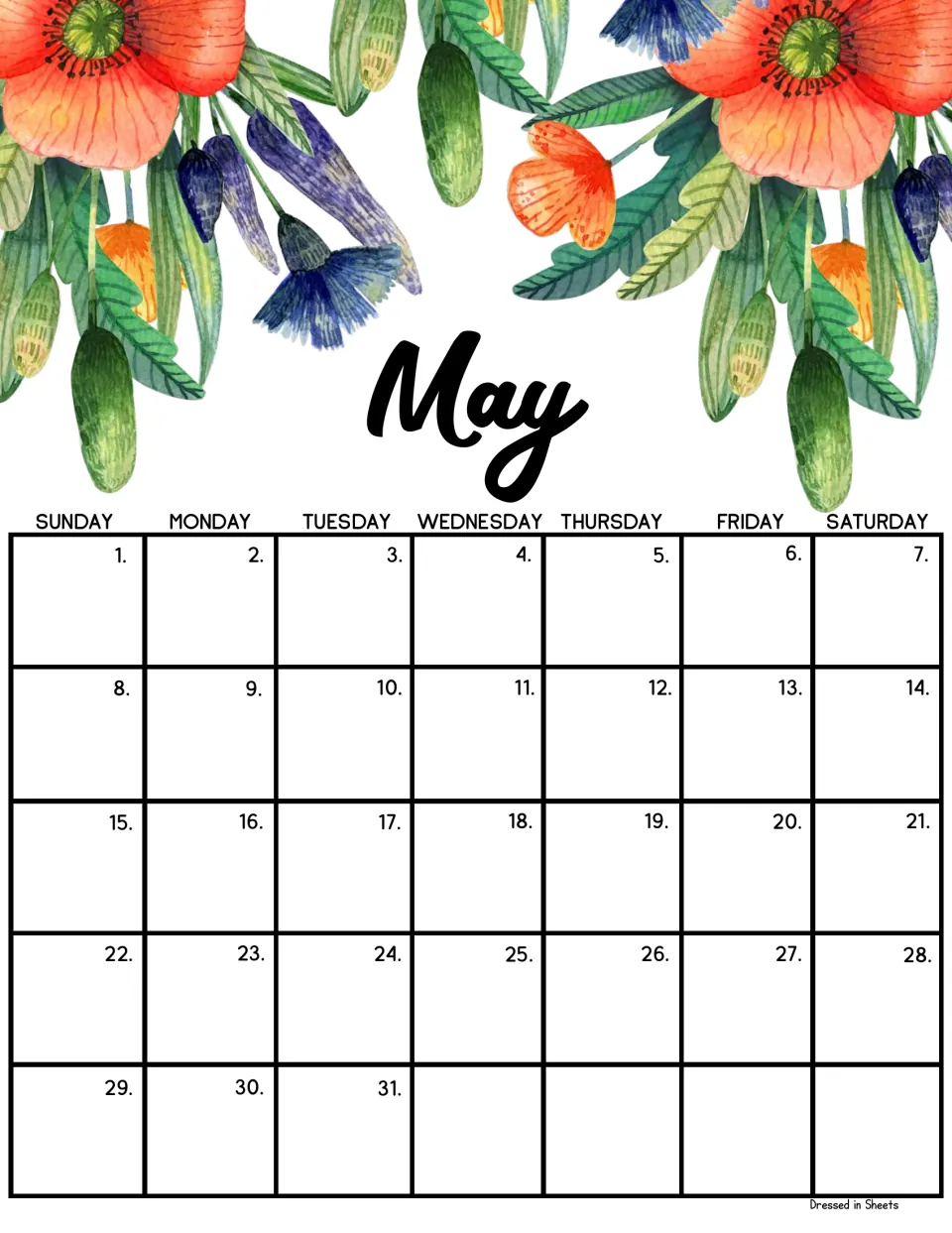 May monthly calendar with red poppies, blue blooms and green buds; dates run from Sunday the 1st to Tuesday the 31st