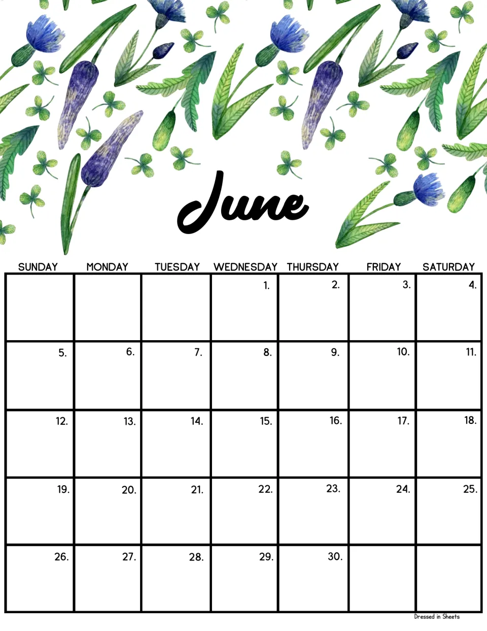June monthly calendar with blue cornflowers, purple buds and clovers; dates run from Wednesday the 1st to Thursday the 30th