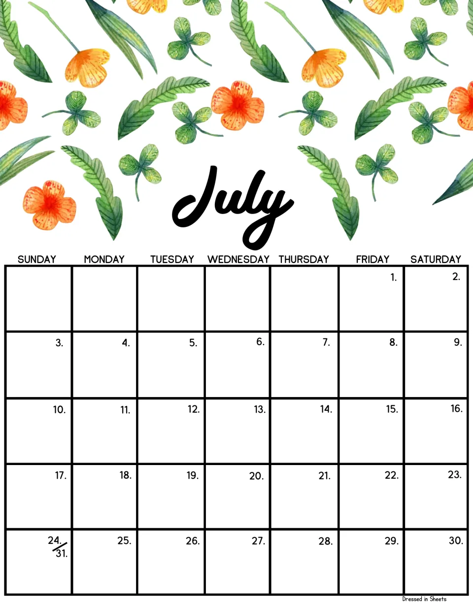 July monthly calendar with orange blossoms, clover and leaves; dates start Friday the 1st, with 24/31 sharing one Sunday