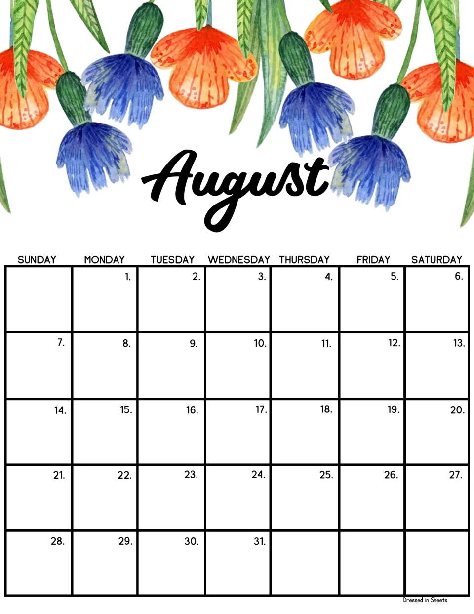 August monthly calendar with alternating orange and blue hanging flowers; dates run Monday the 1st to Wednesday the 31st