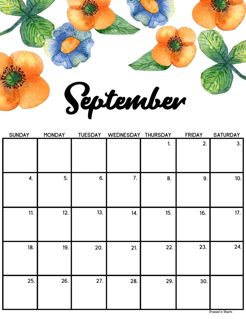 September monthly calendar with orange poppies and blue blossoms; dates run from Thursday the 1st to Friday the 30th