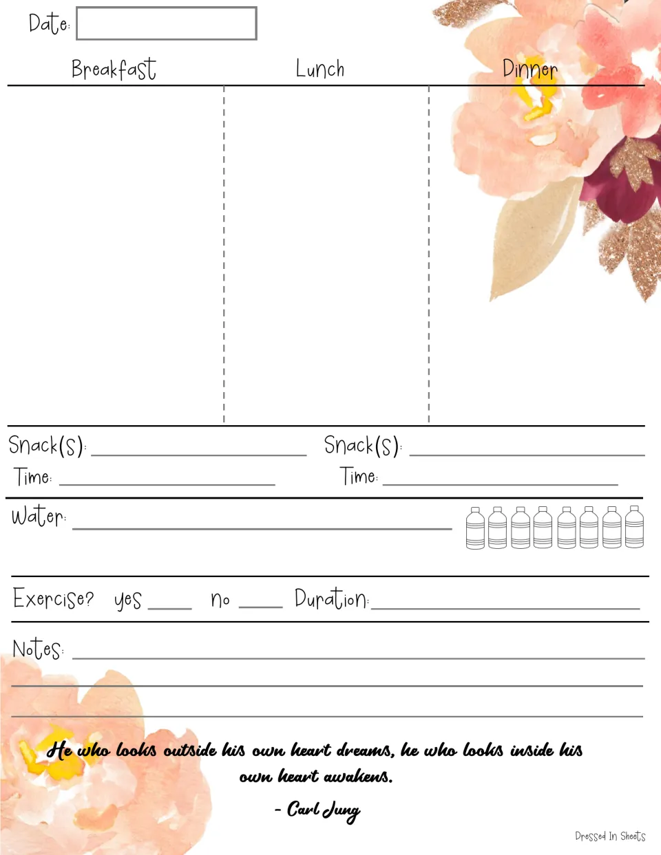 Daily food log: students record breakfast, lunch, dinner, snacks with times, water and exercise; Carl Jung quote at bottom