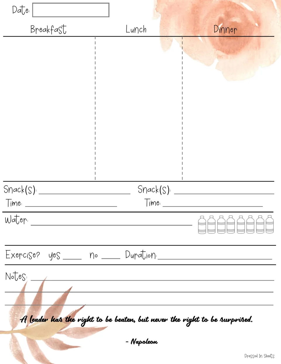 One-day nutrition log covering breakfast, lunch, dinner, snack times, water, exercise duration and notes; Napoleon quote