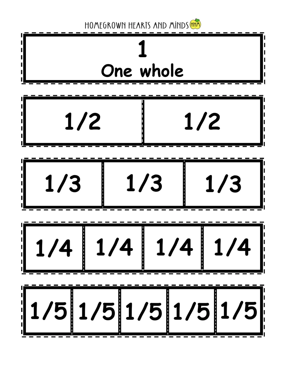Black and white fraction bars to color and cut: one whole, halves, thirds, fourths and fifths for comparing unit fractions