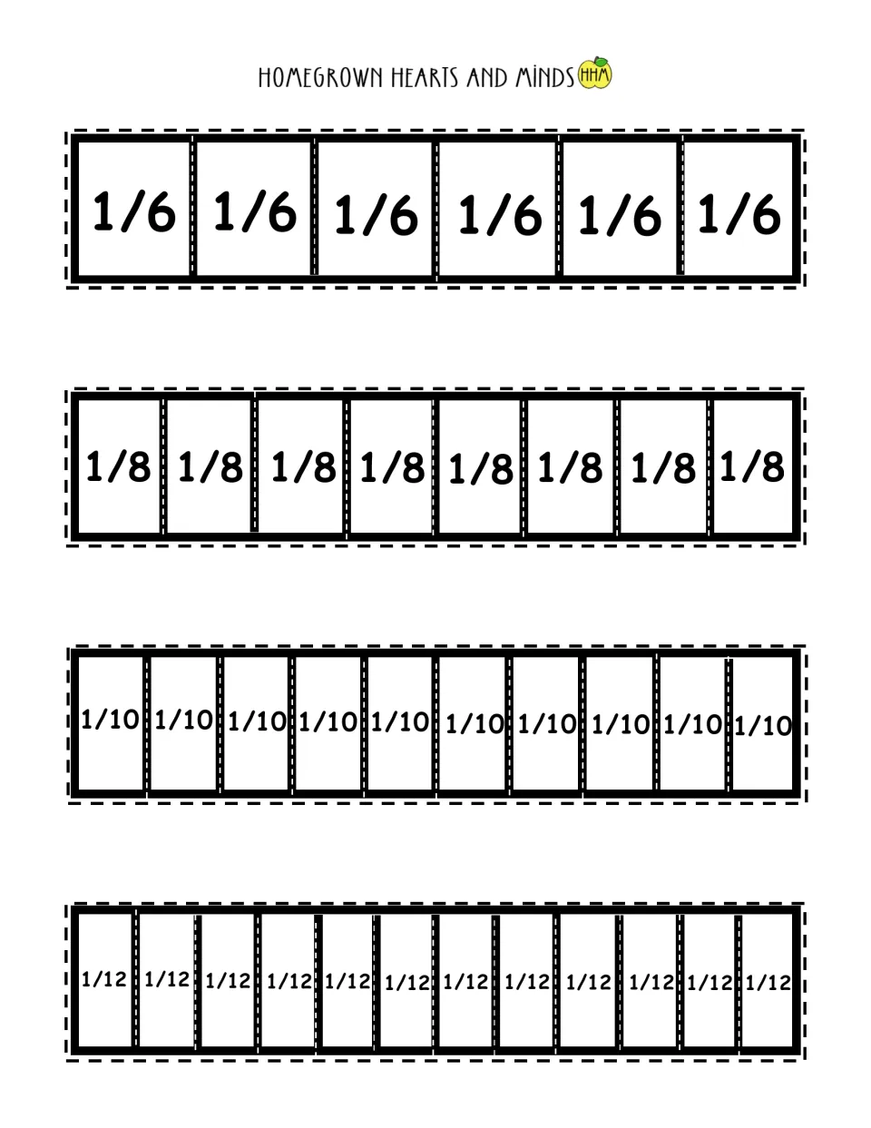 Black and white fraction bars in sixths, eighths, tenths and twelfths, cut out to model equivalent fractions